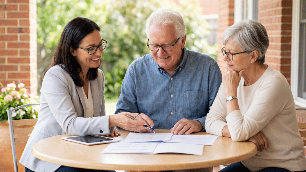 Conseiller accompagnant une famille dans ses démarches administratives EHPAD