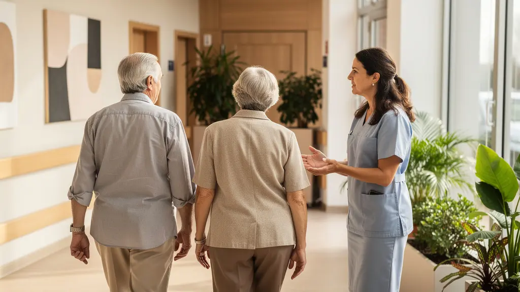 Famille accompagnée visitant un EHPAD moderne et lumineux