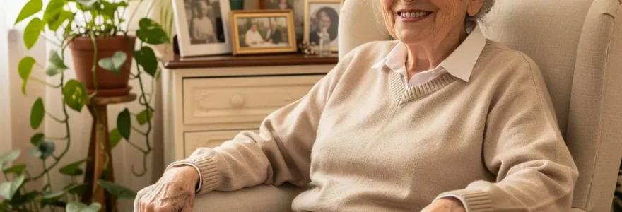 Résidente souriante dans une chambre EHPAD lumineuse contemplant la vue