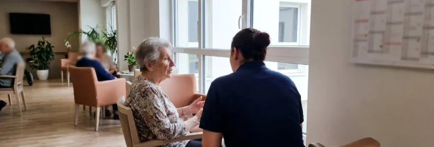 Résidente âgée en conversation avec une aide-soignante dans un espace commun d