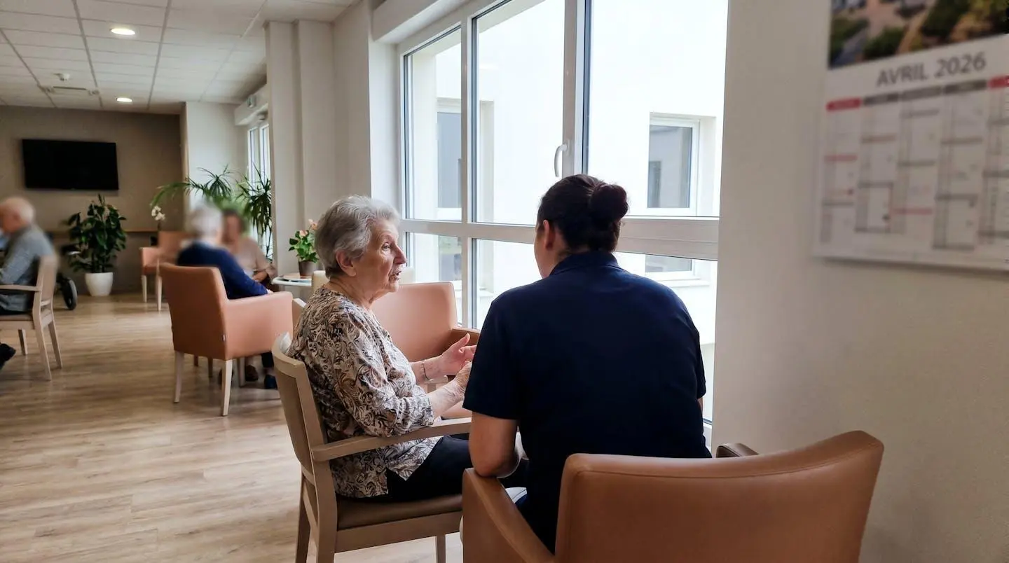 Résidente âgée en conversation avec une aide-soignante dans un espace commun d